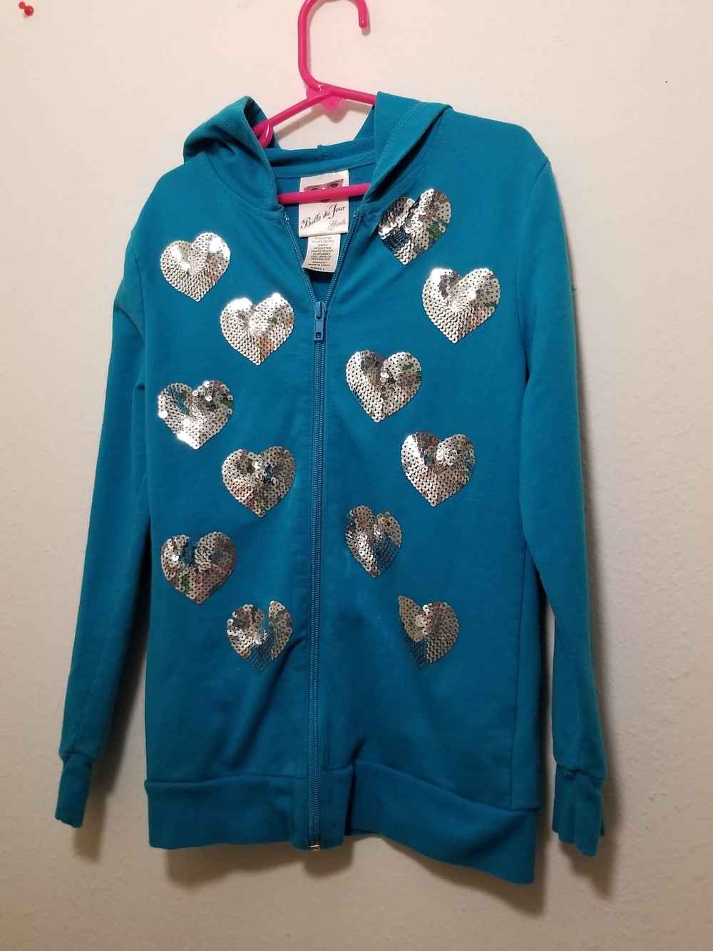 Belle Du Jour Girl's Small Teal Zip-Up Hoodie with Silver Sequin Hearts